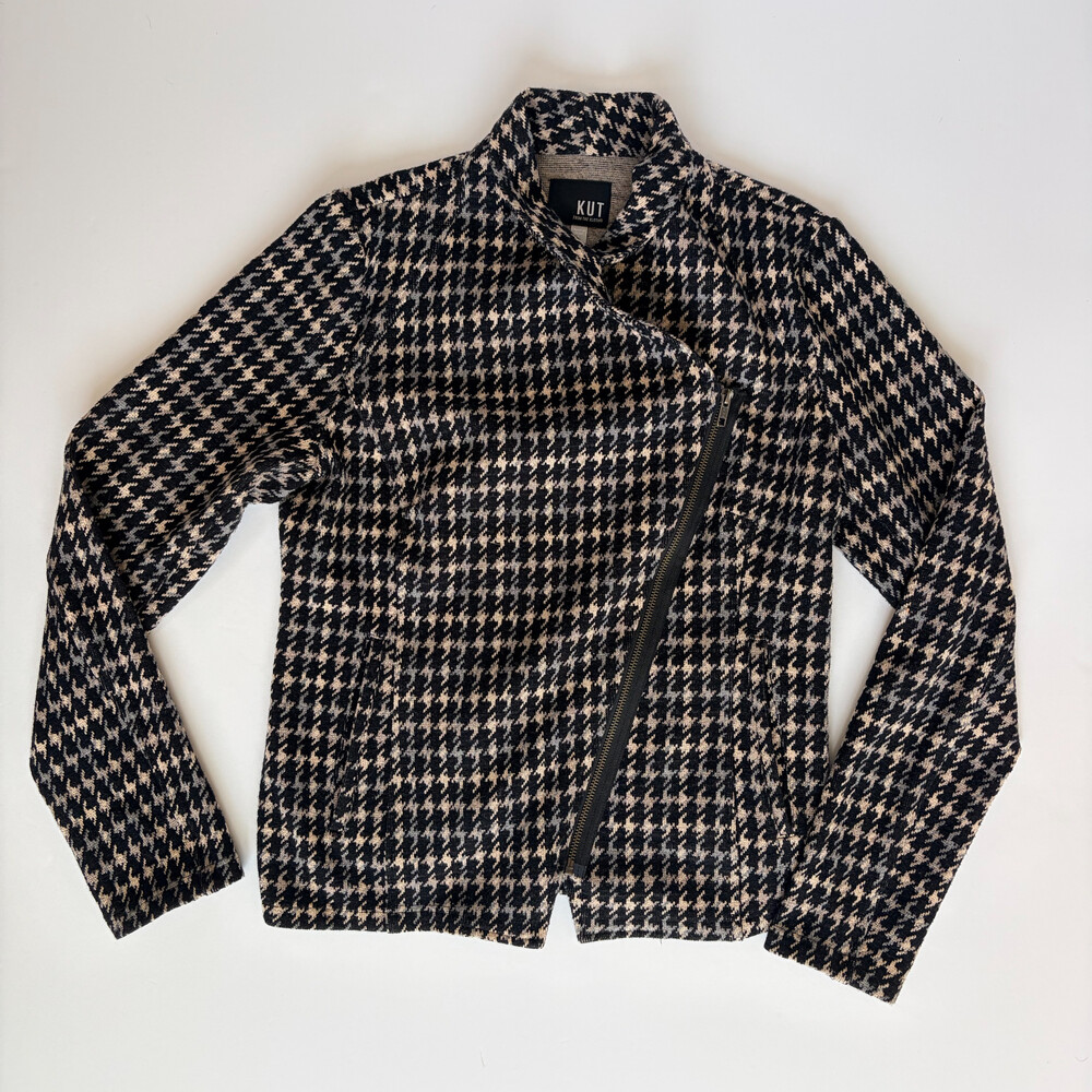 Kut From The Kloth Houndstooth Moto Jacket Black Beige Size L